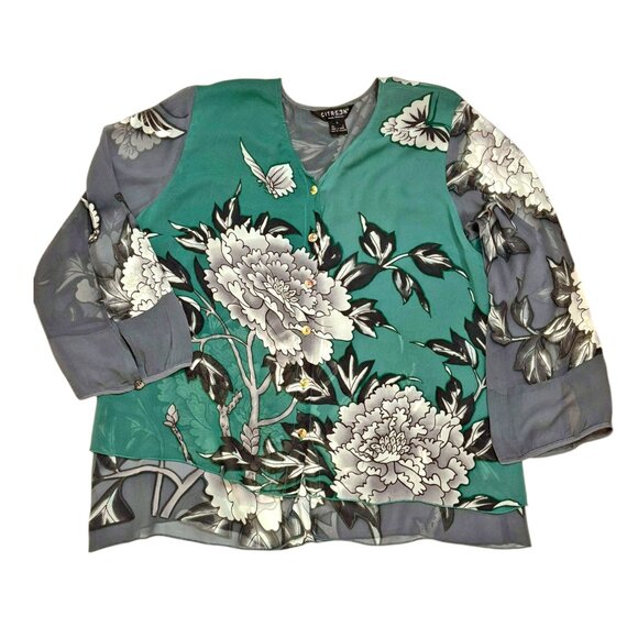 Citron Santa Monica Teal Silk Floral Print Kimono Inspired Blouse - Picture 7 of 8